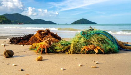 Crabs on beach with entangled in fishing net.