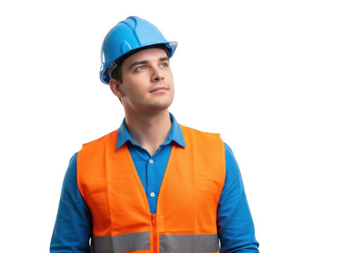 A construction worker wearing a blue hard hat and orange reflective vest looking upwards with a thoughtful expression isolated on transparent background