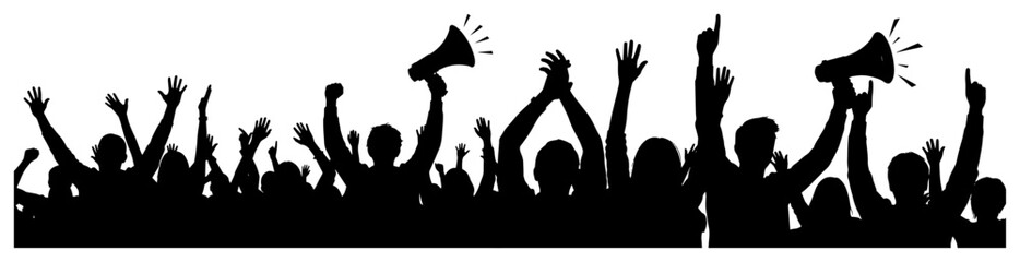 Crowd of people silhouette with megaphones, protest or public demonstration vector illustration