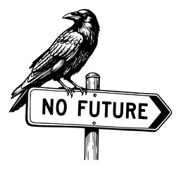 Fototapeta premium Raven sitting on No Future signpost, dark concept vector sketch illustration with text