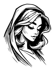 Beautiful young woman face with hood or veil, Virgin Mary concept vector sketch illustration