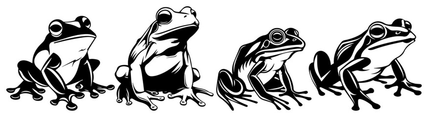 Set of four frogs sitting in row, wild amphibian vector sketch illustration, toad animal collection