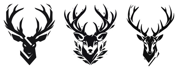 Deer stag head logo mascot collection, wild animal antlers silhouette vector illustration set
