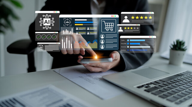 Modern digital technology concept showcasing artificial intelligence, analytics, and e-commerce review interface on smartphone and laptop for business enhancement Gantry. - Powered by Adobe