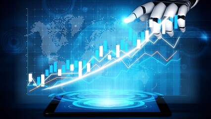 A futuristic robotic hand interacts with digital financial graphs displayed on a tablet, illustrating innovation in technology and data analysis for business growth. Copula