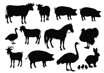 Fototapeta premium vector Farm animal silhouettes vector illustration of livestock including cow pig horse goat goose turkey ostrich and rabbit isolated on white background