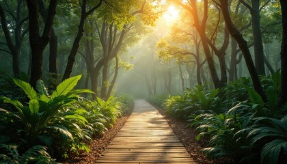 Wooden path winds through dense green forest, sunbeams pierce canopy. Rich plants line walkway, leading deeper into misty woods. Nature path for relaxation and exploration.