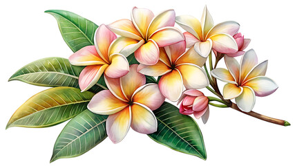 A watercolor painting of frangipani flowers with green leaves on a branch against a black background on transparent background