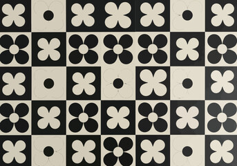 Fototapeta premium vector Black and white floral pattern abstract geometric design with flowers and dots decorative background for textile and wallpaper