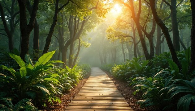 Wooden path winds through dense green forest, sunbeams pierce canopy. Rich plants line walkway, leading deeper into misty woods. Nature path for relaxation and exploration.