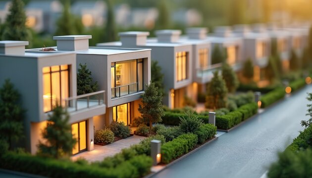 Miniature model row houses with modern design in daylight. Residential neighborhood with landscaping elements. Small homes with illuminated windows perfect for presentation real estate concepts. - Powered by Adobe