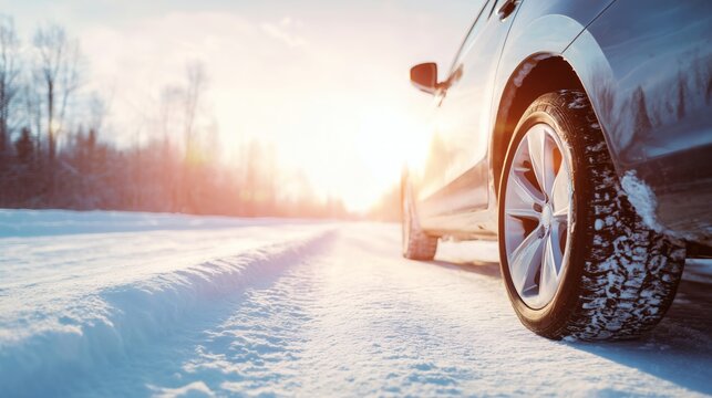 Close-up of a car wheel with a winter tire moving along a snowy road in bright sunlight.