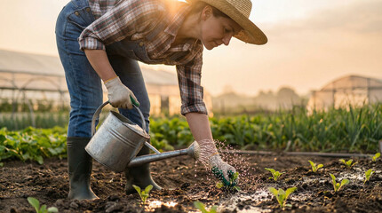 Woman farmer watering seedlings in a field at sunset  