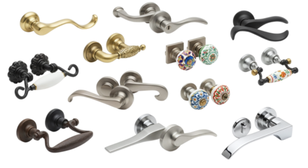 Variety of Door Handles and Knobs for Interior Design, Isolated on Transparent Background
