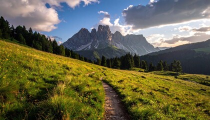 Mountain trail through meadow with cloudy sky.