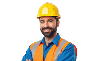 Smiling male construction worker wearing yellow hard hat and orange safety vest with arms crossed isolated on transparent background