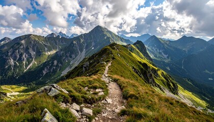 Mountain trail path with scenic peaks view.