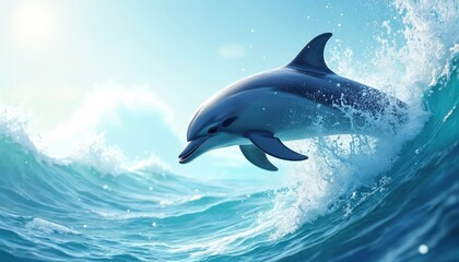 Fototapeta premium Happy dolphin jumps high from blue ocean waves. Marine animal makes big splash in clear sea water. Sun shines bright on playful mammal, showing its graceful movement and energy in wild ocean.