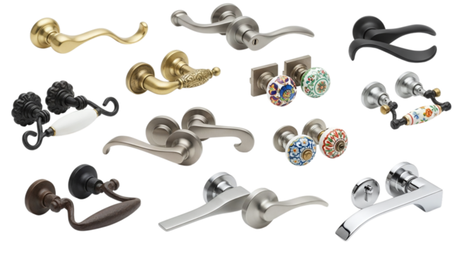 Variety of Door Handles and Knobs for Interior Design, Isolated on Transparent Background