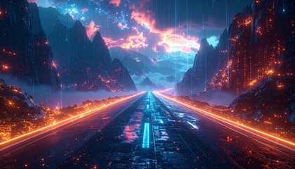Digital road through futuristic mountains.