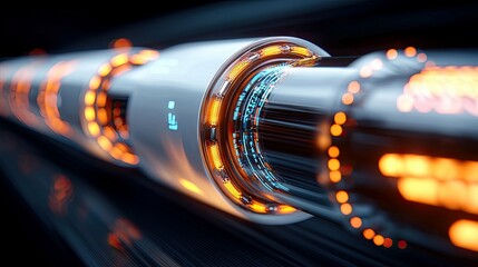Close-up of a futuristic data cable with glowing orange and blue details, suggesting high-speed data transfer and technological advancement.