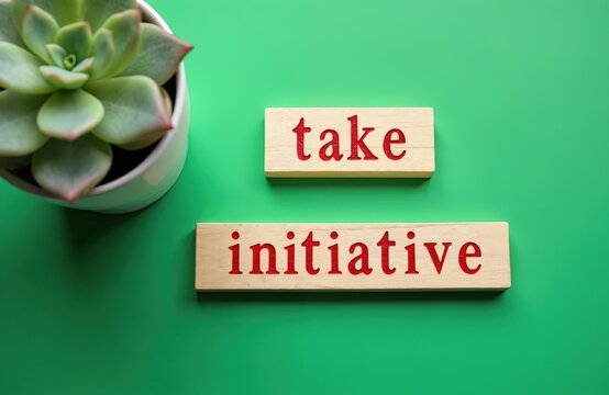 Wooden blocks spell out phrase take initiative on green background. Succulent plant sits to left, suggesting growth, fresh start. Setup promotes proactive business thinking, personal development