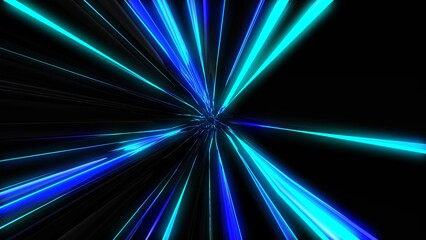 A tunnel flying at the speed of light from multi-colored blue and white moving light strips and energy beams. Abstract background
