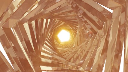 A rotating golden metal tunnel with walls made of ribs and lines in the form of pentagons with reflections of luminous sunbeams. Abstract background