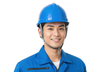Young asian male construction worker wearing blue hard hat and uniform smiling happily isolated on transparent background