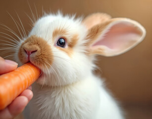 Obraz premium Cute little white rabbit with brown patches eagerly eats fresh orange carrot. Human hand gently feeds fluffy pet bunny inside warm home. Young animal happily enjoys healthy vegetable snack, showing