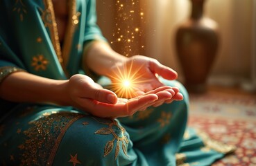 Obraz premium Woman performs energy healing with hands open. Light shines from palms holistic wellness, spiritual awakening. Energy medicine promotes balance relaxation. Alternative therapy session near blurred