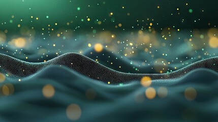 An abstract digital landscape featuring flowing waves of particles with bokeh and floating lights, creating a modern and futuristic aesthetic.