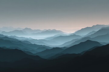 Obraz premium A serene and minimalist layered landscape illustration depicting majestic mountains fading into an ethereal, gradient sky.