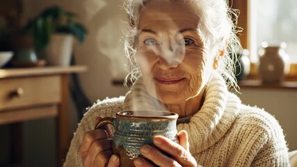 Cozy moments with steaming cup of tea enjoyed by older woman in knitted sweater at home. Drinking tea creates warmth and comfort in daily life. Concept cozy atmosphere for wellness or lifestyle video. - Powered by Adobe