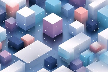 A serene abstract geometric composition featuring an array of colorful isometric cubes and cuboids with falling snow.