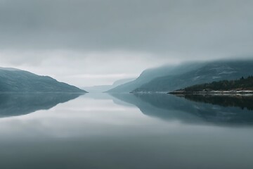 Obraz premium A serene and moody landscape of a calm fjord surrounded by majestic mountains under an overcast sky.