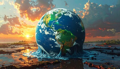Earth Melting with Climate Change Sunset Concept.