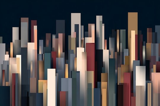 An abstract geometric cityscape with layered rectangular shapes in warm and cool muted tones against a dark background.