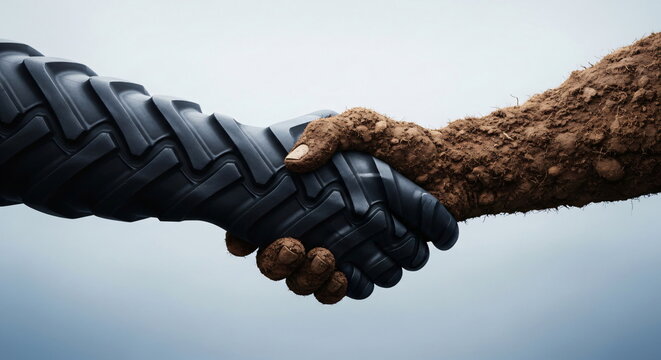 Handshake between tire pattern hand and soil hand with grass. Concept of sustainable agriculture, eco-friendly farming technology, and environmental partnership. Earth Day. - Powered by Adobe