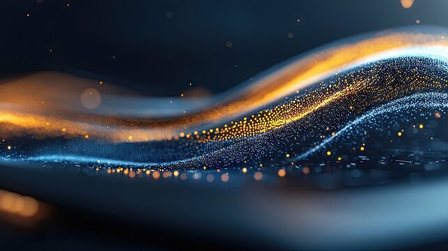 An abstract image of a digital wave composed of glowing particles, with a dark blue and orange color scheme.