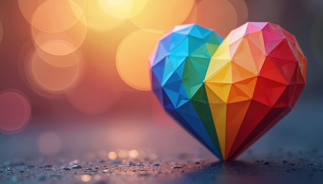 Geometric heart shape with rainbow colors is positioned on a wet surface against a bokeh background. This symbol represents LGBTQ pride love and diversity. Use this for awareness campaigns.