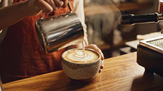 Barista pouring latte art into ceramic bowl on wooden counter. Latte art creation includes steaming milk with intricate designs, showcasing craftsmanship and attention to detail.