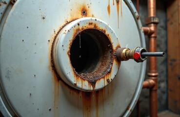 Close photo of damaged rusty boiler with water leak. Metal construction has corrosion signs. Problem with heating system demands repair urgently. Old plumbing needs pro maintenance service.