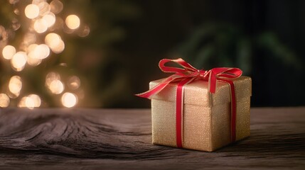 Festive gift box on rustic wood evokes warm Christmas joy perfect for holiday greetings and seasonal decor
