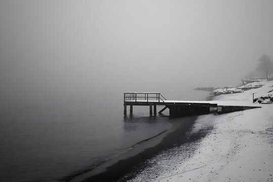 A serene black and white winter landscape featuring a lonely pier extending into a foggy, calm body of water, with snow-covered shores and bare trees.