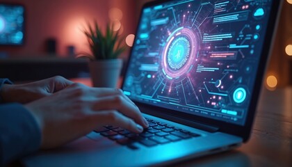 Person types on laptop keyboard. Screen displays futuristic digital interface with glowing circuit patterns and data. Advanced AI tech concept for future interaction, work, and innovation.