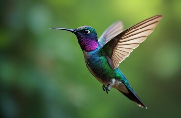 Obraz premium Colorful hummingbird hovers in air, wings beating fast. Bird boasts iridescent green, purple, blue feathers, truly vibrant. Flies within rich tropical forest, soft green bokeh background. Vivid