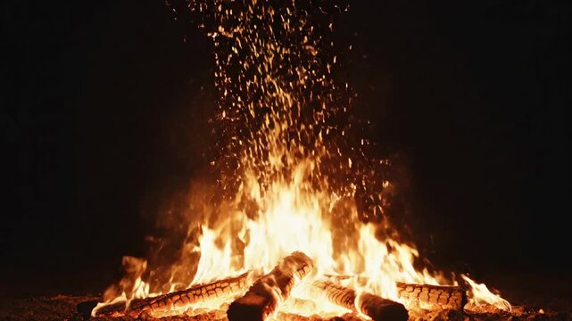 Fiery embers dance skyward amidst crackling wood blaze