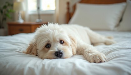 Adorable white puppy rests comfortably on a bed indoors. The cute fluffy dog looks at camera. Calm domestic pet relaxing inside cozy bedroom.