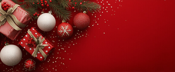 Christmas Background with Fir Branches and Christmas  Ornaments